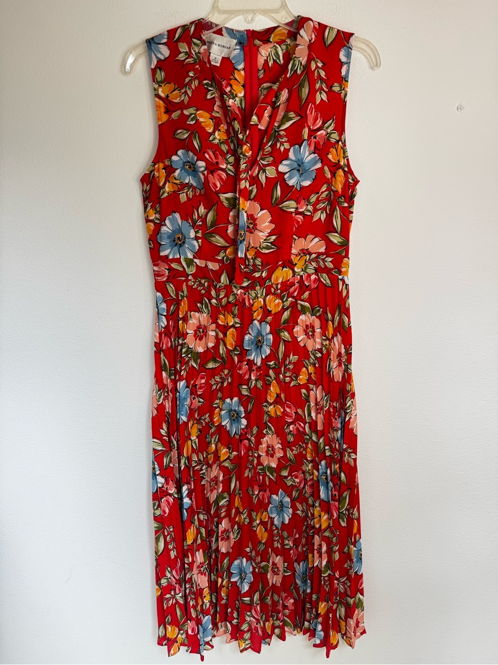 Donna Morgan Sleeveless Red Floral Midi Dress, Pleated Skirt and Tie Neck- 8